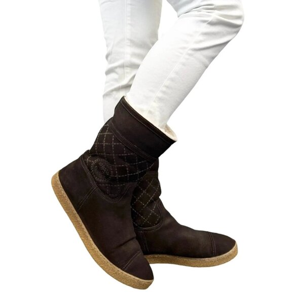 CHANEL Vintage CC Mark Logo Mid Calf Boots #39.5 Stitch Dark Brown [103867] - Picture 1 of 10